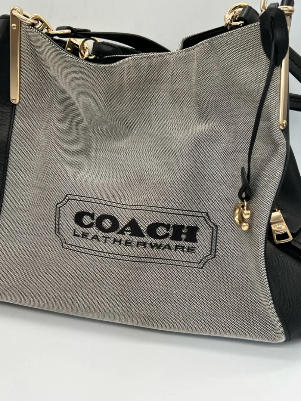 Coach Gray Canvas with Black Leather Shoulder Bag